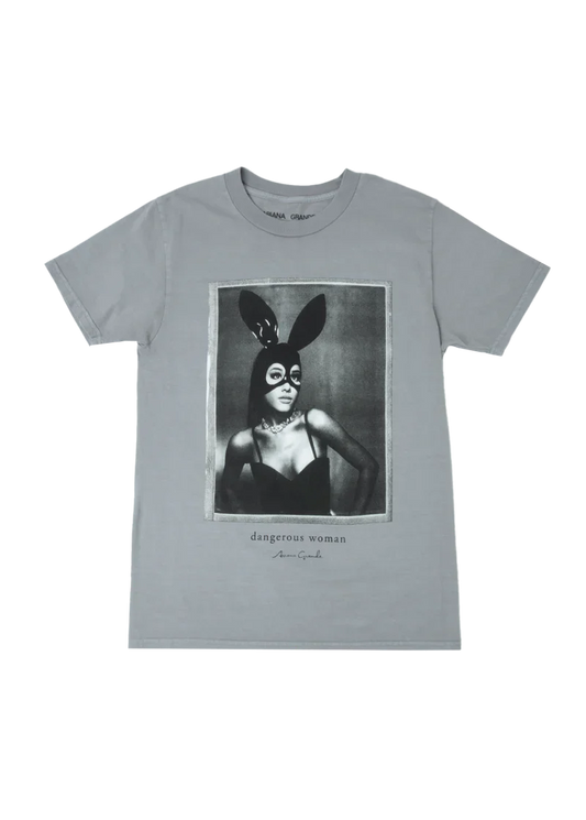 Gray unisex t-shirt featuring a bold black-and-white portrait of Ariana Grande in her signature latex bunny mask and bustier, with “dangerous woman” and her signature printed below — iconic look from her Dangerous Woman album.

